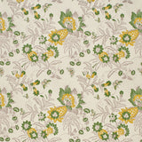 Printed fabric detail in a scrolling botanical print in light grey, yellow and green.