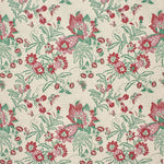 Printed Wallpaper detail in a scrolling botanical print in green, red and pink.