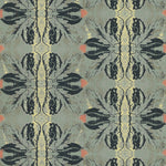 Detail of wallpaper in a textural botanical print in shades of navy, yellow and red on a turquoise field.