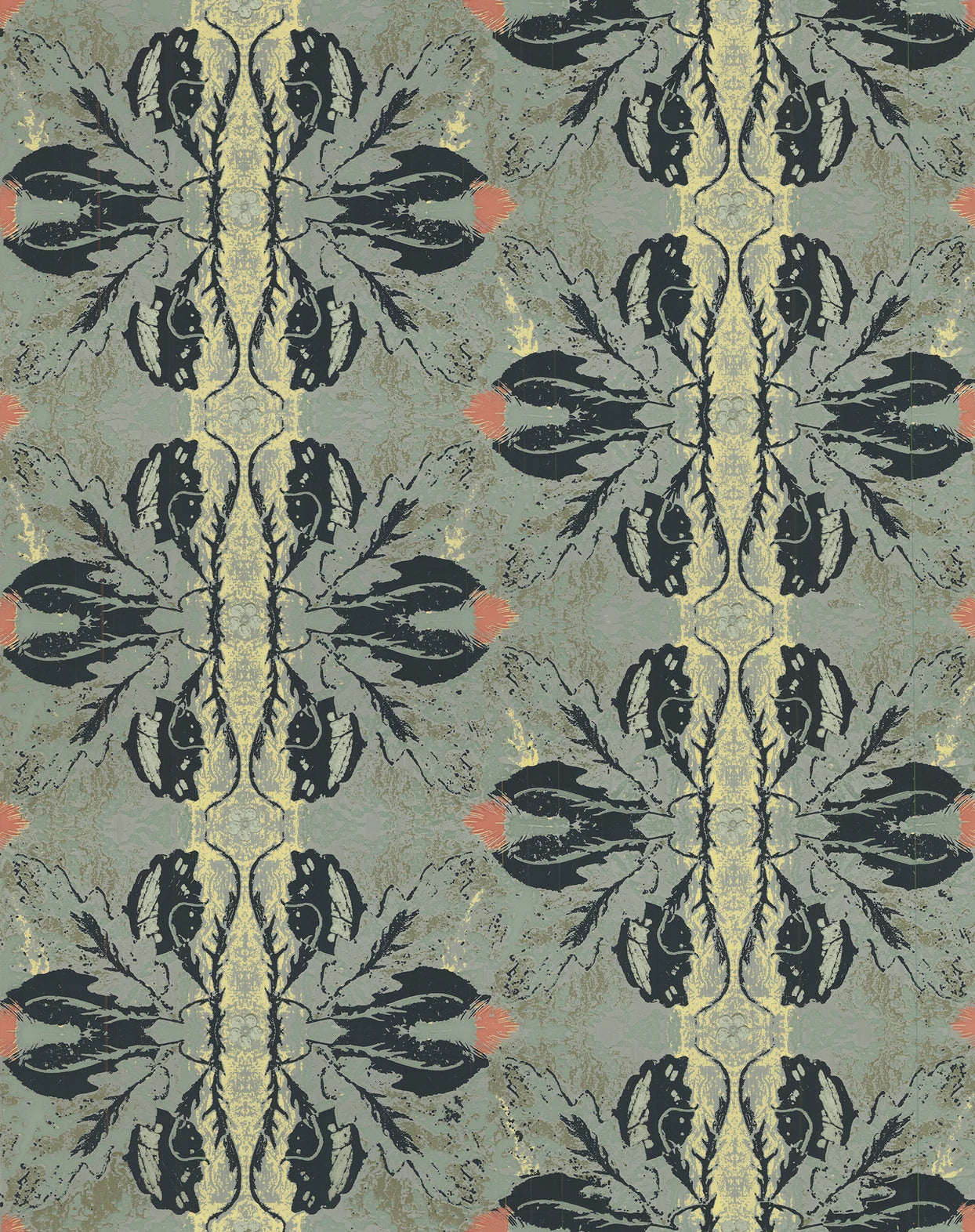 Detail of wallpaper in a textural botanical print in shades of navy, yellow and red on a turquoise field.