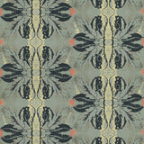 Detail of wallpaper in a textural botanical print in shades of navy, yellow and red on a turquoise field.