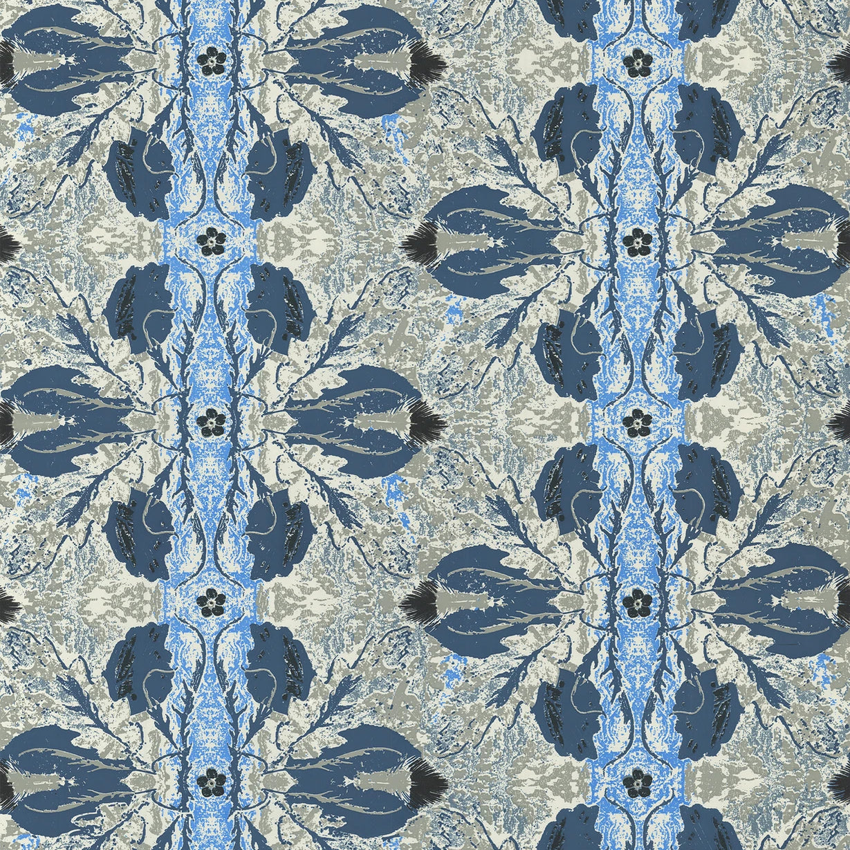 Detail of wallpaper in a textural botanical print in shades of navy, blue and cream on a tan field.