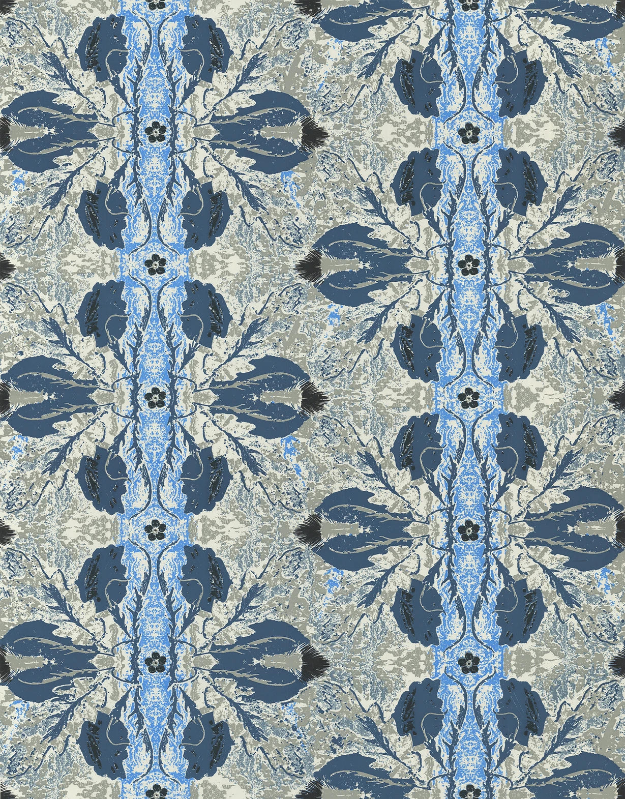 Detail of wallpaper in a textural botanical print in shades of navy, blue and cream on a tan field.