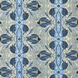 Detail of wallpaper in a textural botanical print in shades of navy, blue and cream on a tan field.