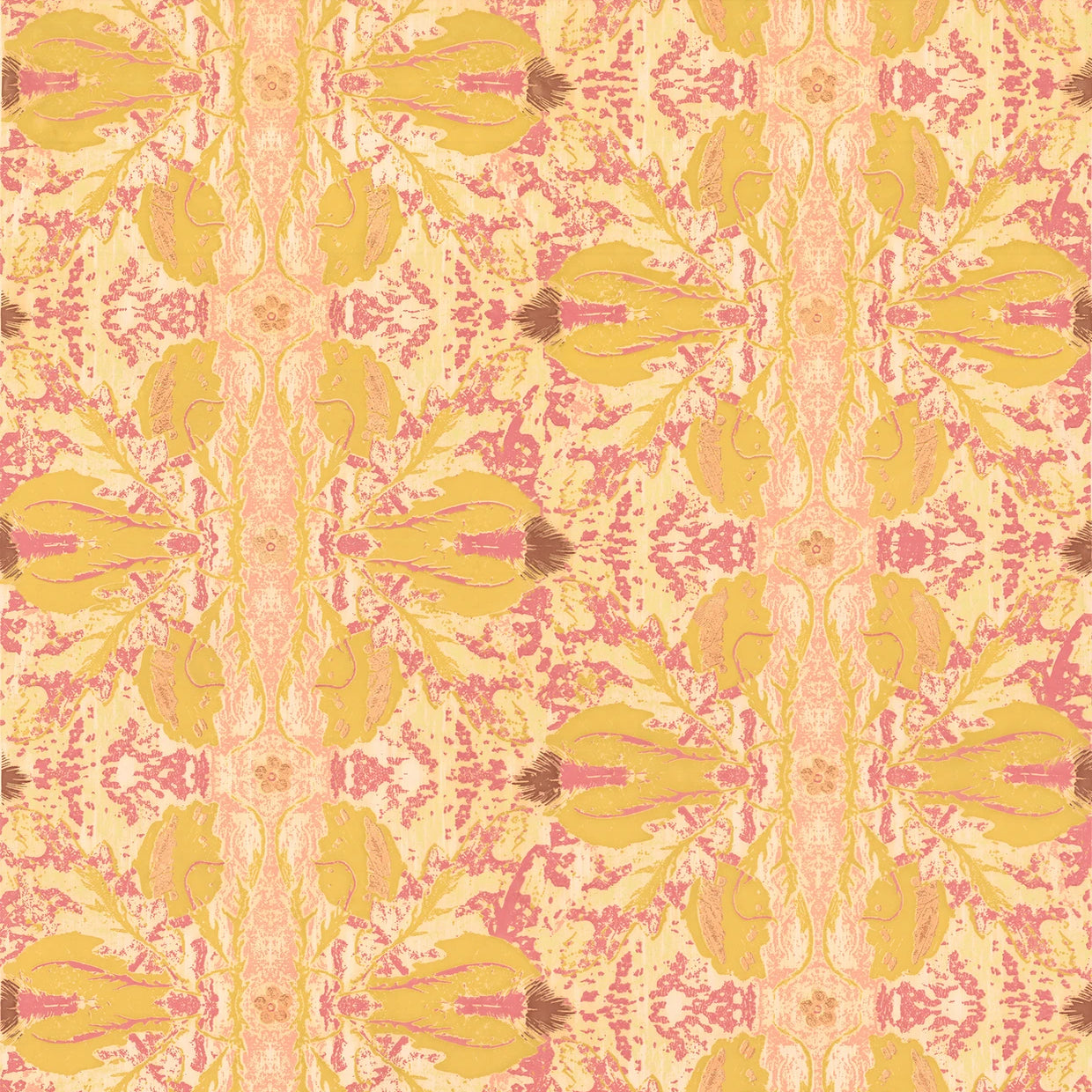 Detail of wallpaper in a textural botanical print in shades of yellow and pink.