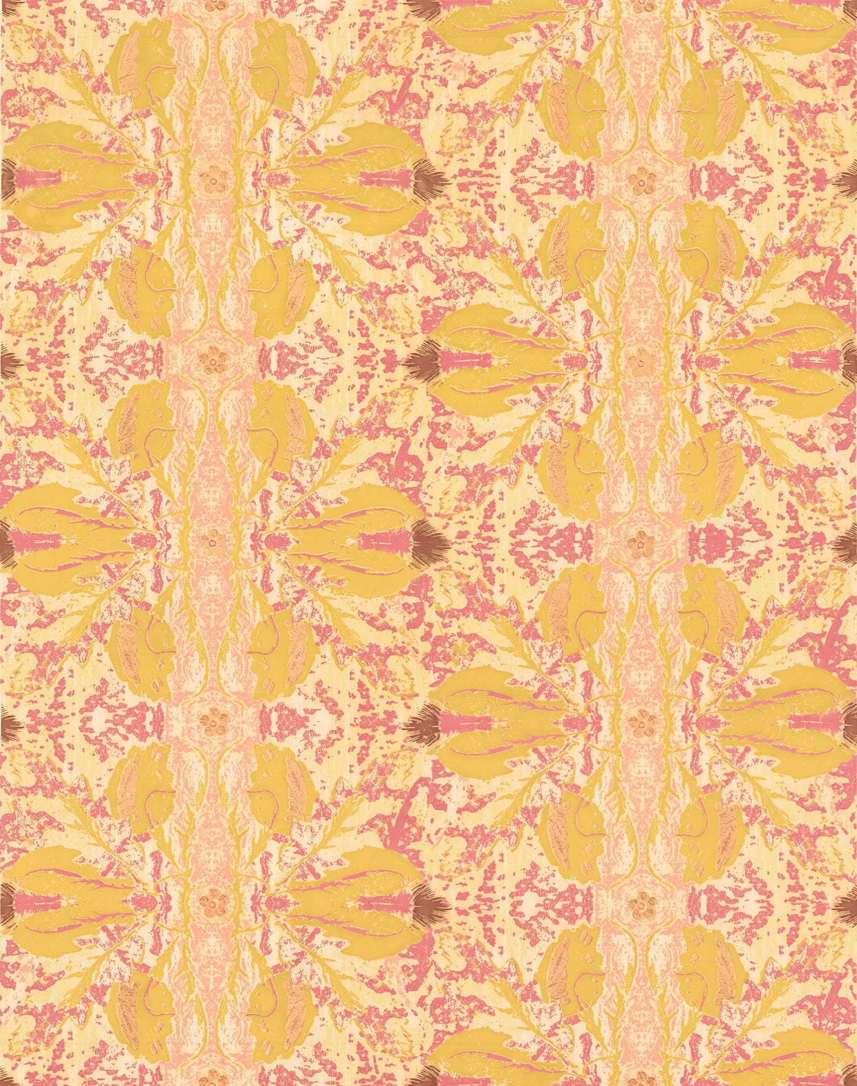 Detail of wallpaper in a textural botanical print in shades of yellow and pink.