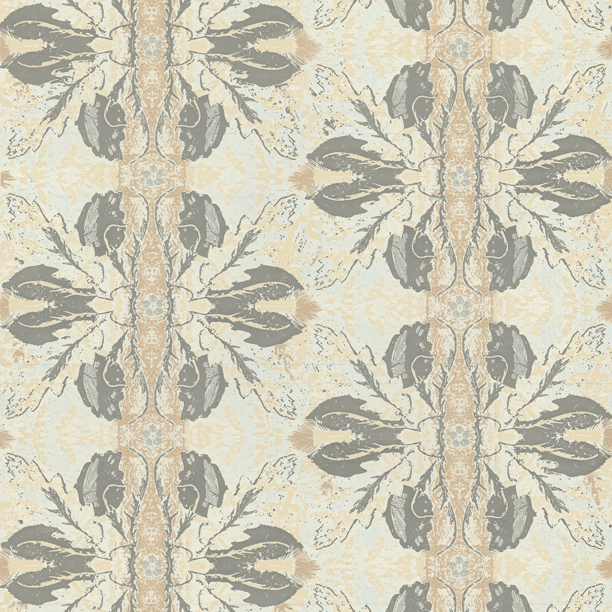 Detail of wallpaper in a textural botanical print in shades of gray and tan on a light yellow field.