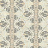 Detail of wallpaper in a textural botanical print in shades of gray and tan on a light yellow field.