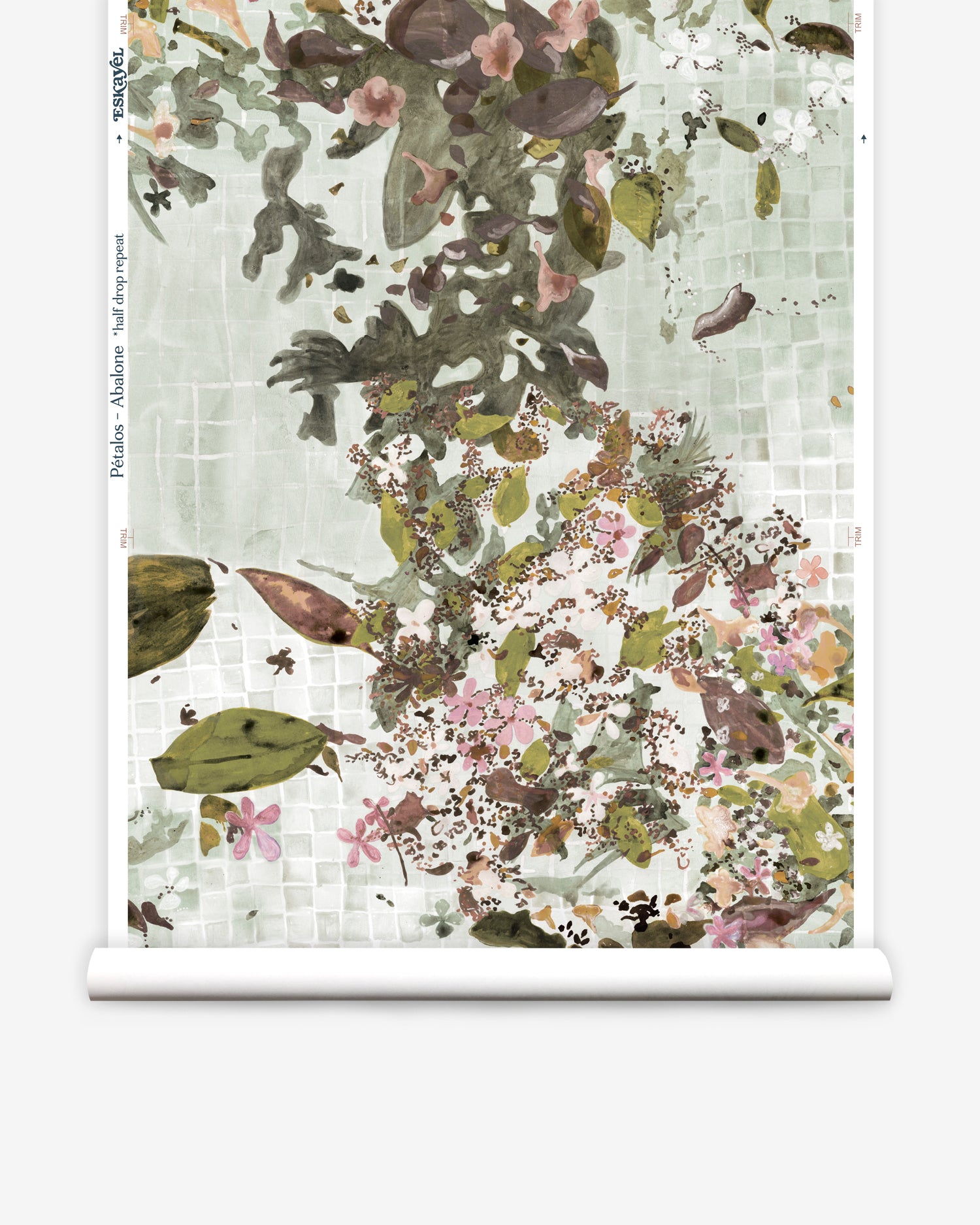 Roll of floral wallpaper with green leaves and pink flowers on a light background