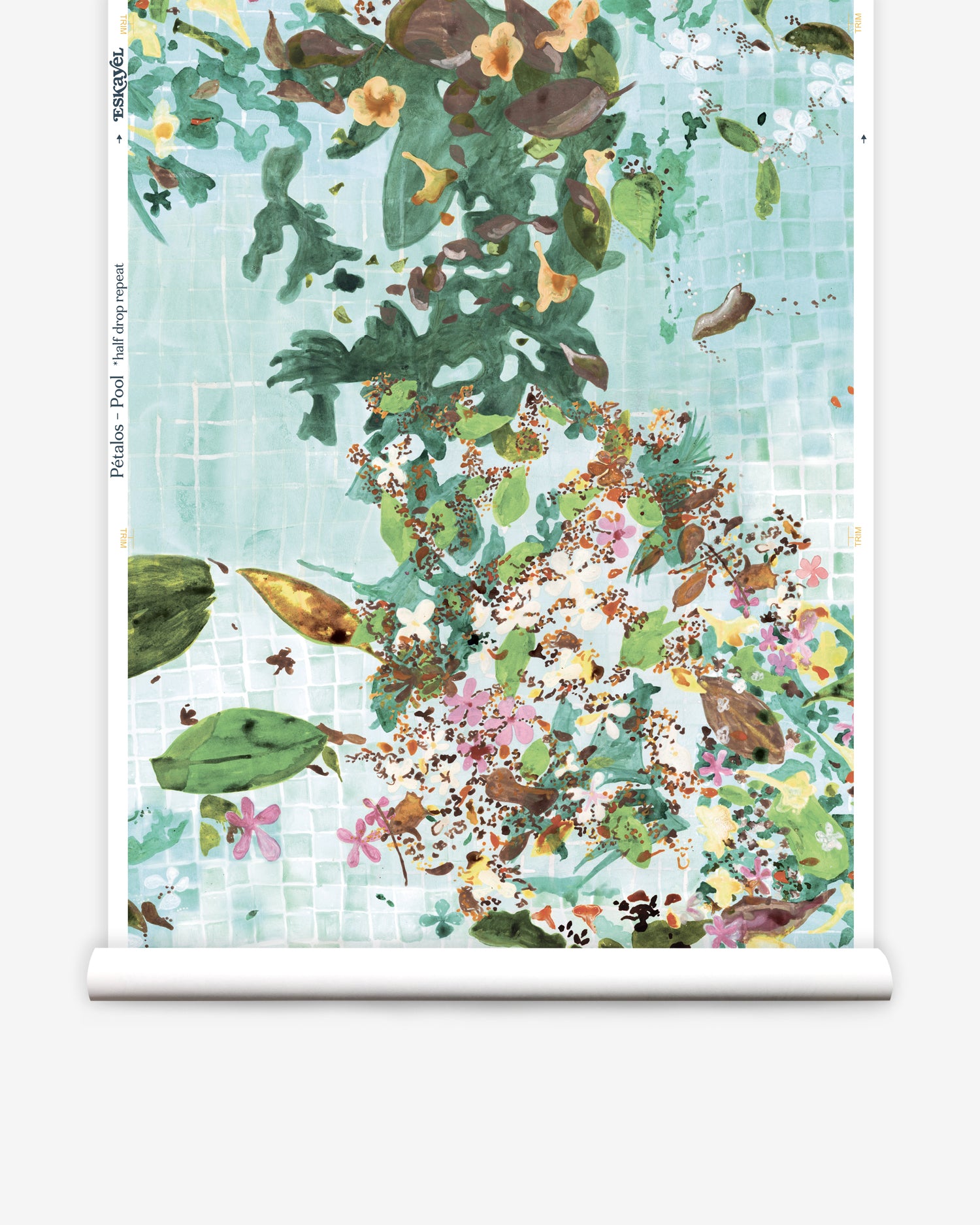 Roll of wallpaper with a floral and leaf pattern on a light blue background