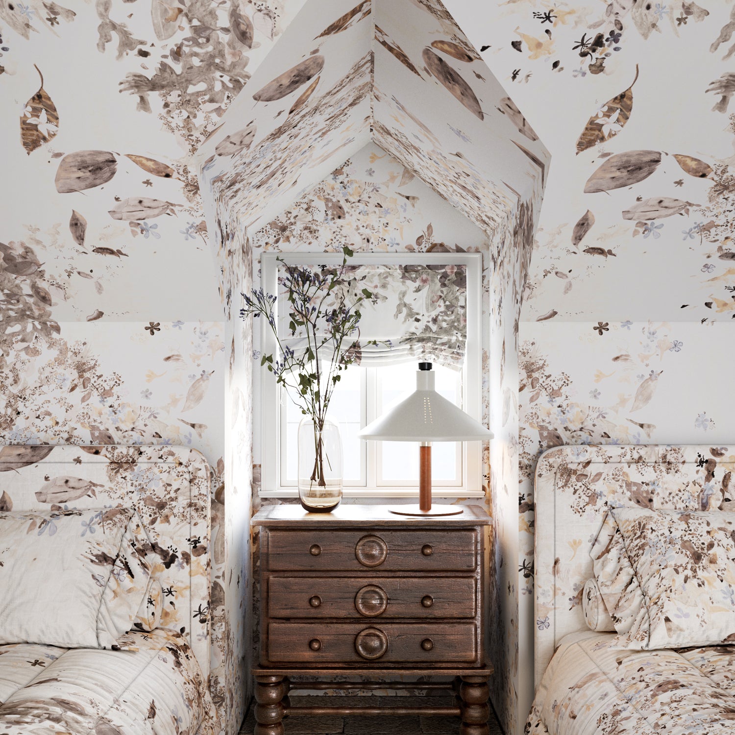 Small bedroom with floral wallpaper, wooden dresser, and bed.