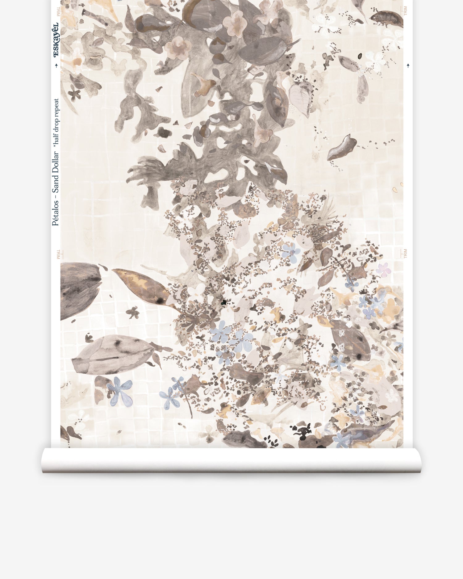 Roll of wallpaper with floral watercolor on a neutral background.