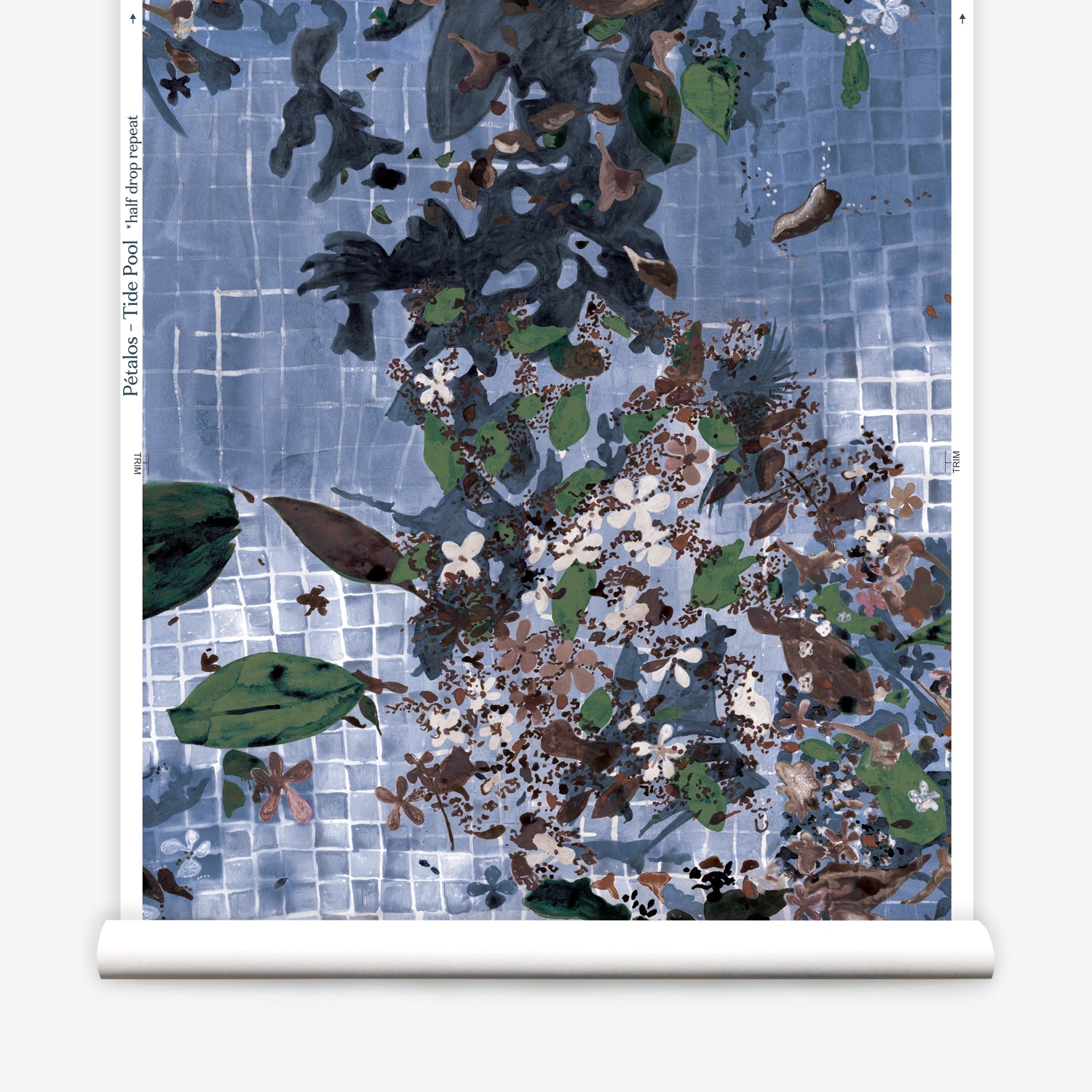 Roll of wallpaper with floral and abstract design on a blue grid background