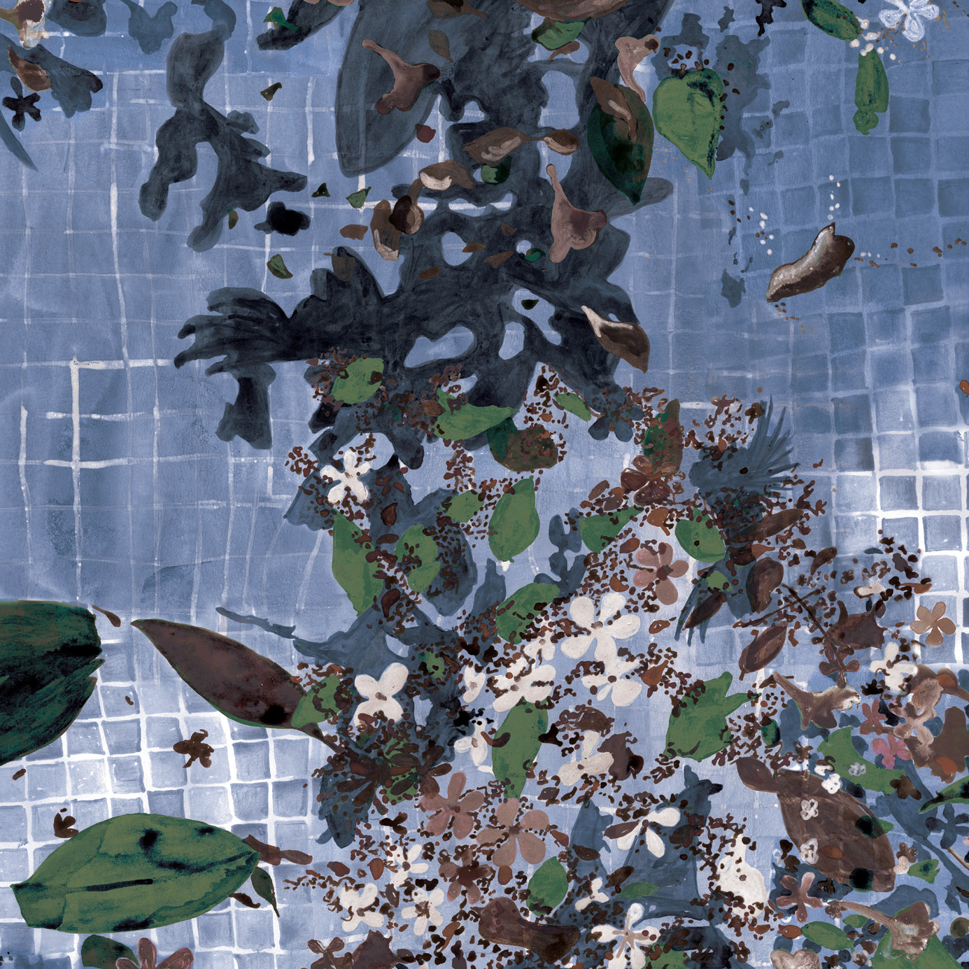 Floral pattern on a tiled design in blue, green, and brown.