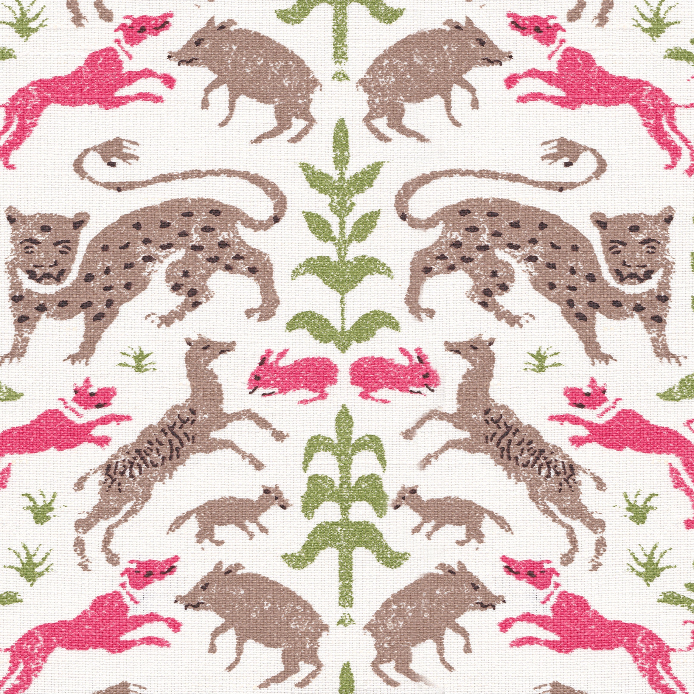 Detail of a mirrored pattern with jungle animals in brown, hot pink and green leaves on a cream field.