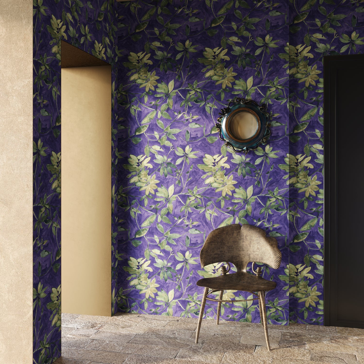Room with purple floral wallpaper, a chair, and a mirror.