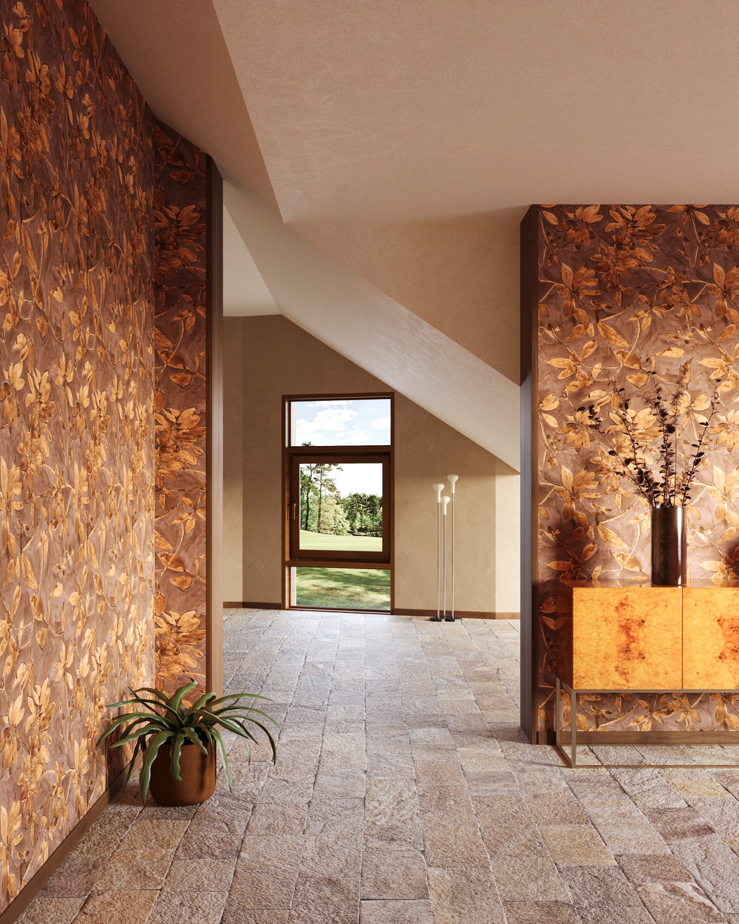 Modern interior with brown floral wallpaper, stone floors, potted plants and decorative cabinet.