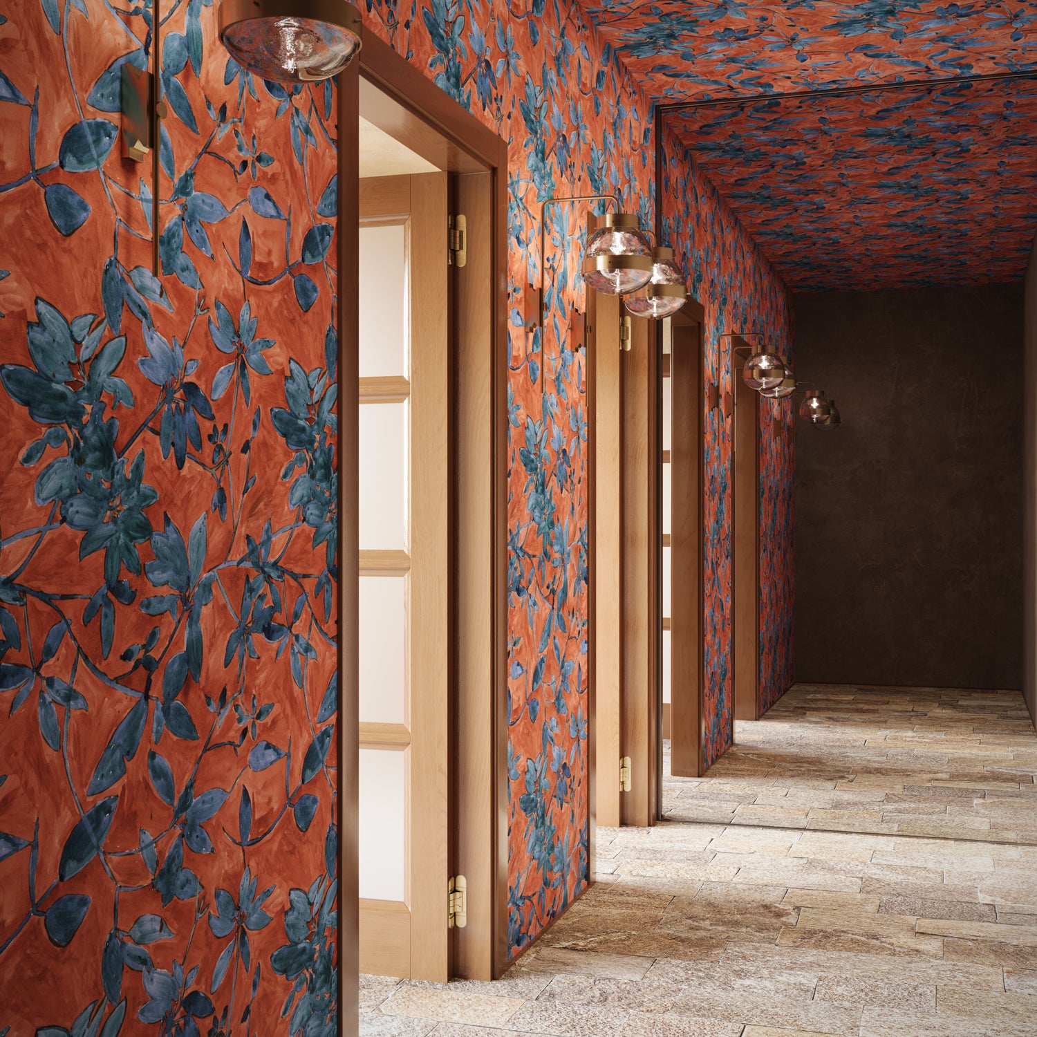  hallway with orange and blue floral patterned walls