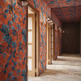  hallway with orange and blue floral patterned walls