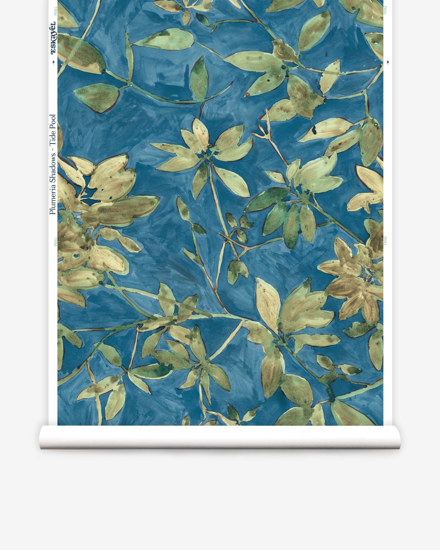 Roll of wallpaper with green leaf pattern on a blue background