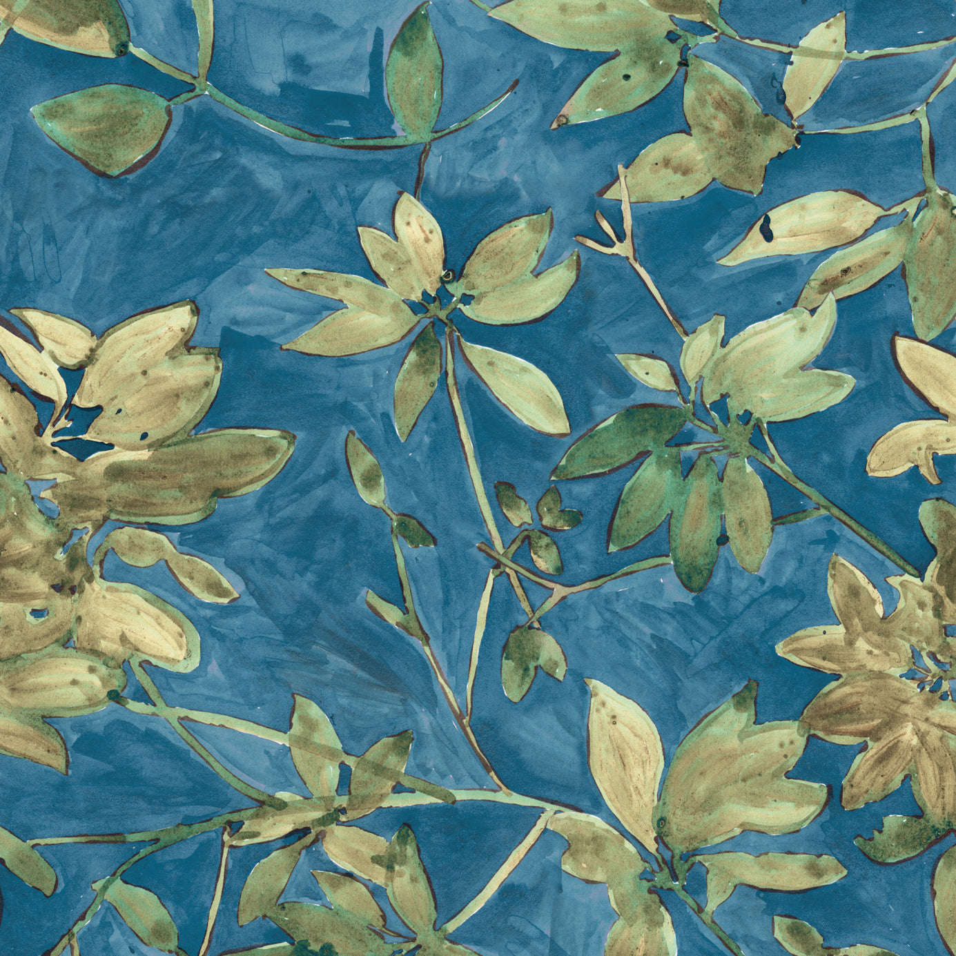 Floral pattern with green leaves on a blue background