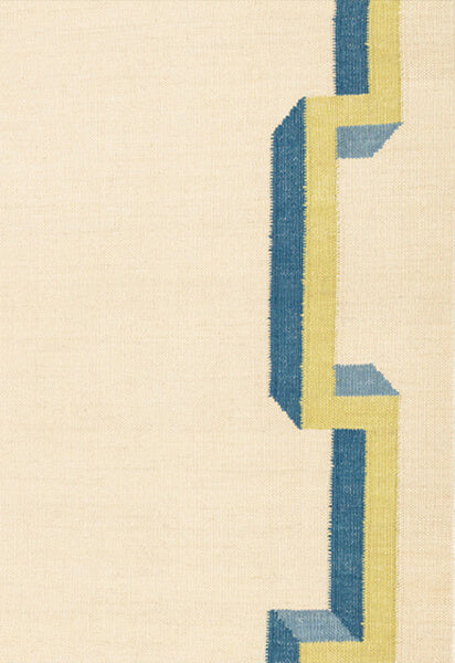 Flatweave rug with with blue and yellow geometric border  on a beige background
