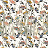 Detail of fabric in a dense poppy print in shades of orange, white and blue on a white field.