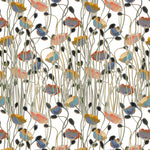 Detail of fabric in a dense poppy print in shades of orange, white and blue on a white field.