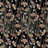 Detail of fabric in a dense poppy print in shades of red, white, orange and green on a black field.