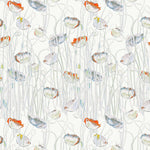 Detail of fabric in a dense poppy print in shades of orange, white and blue on a white field.