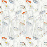 Detail of fabric in a dense poppy print in shades of orange, white and blue on a white field.