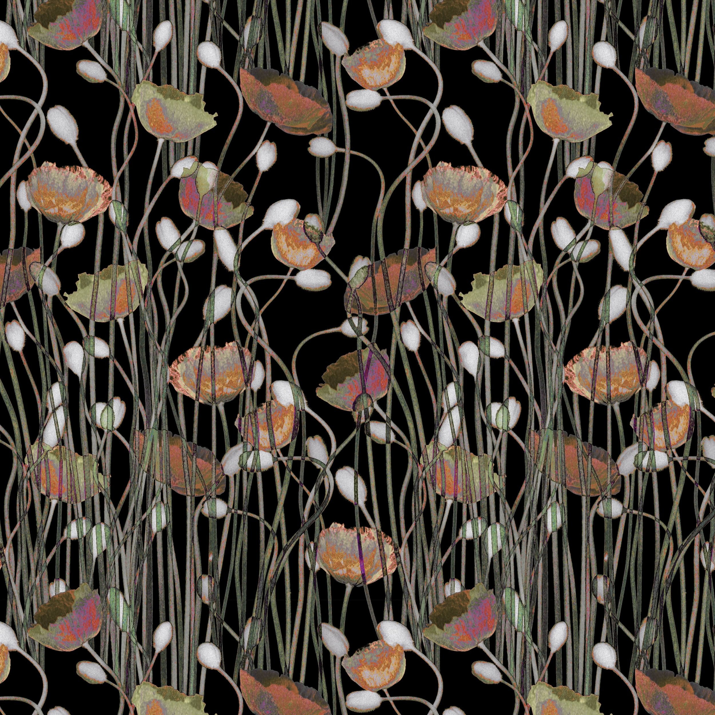 Detail of a floral pattern in orange, line green, fuchsia, tan and white on a black field. 