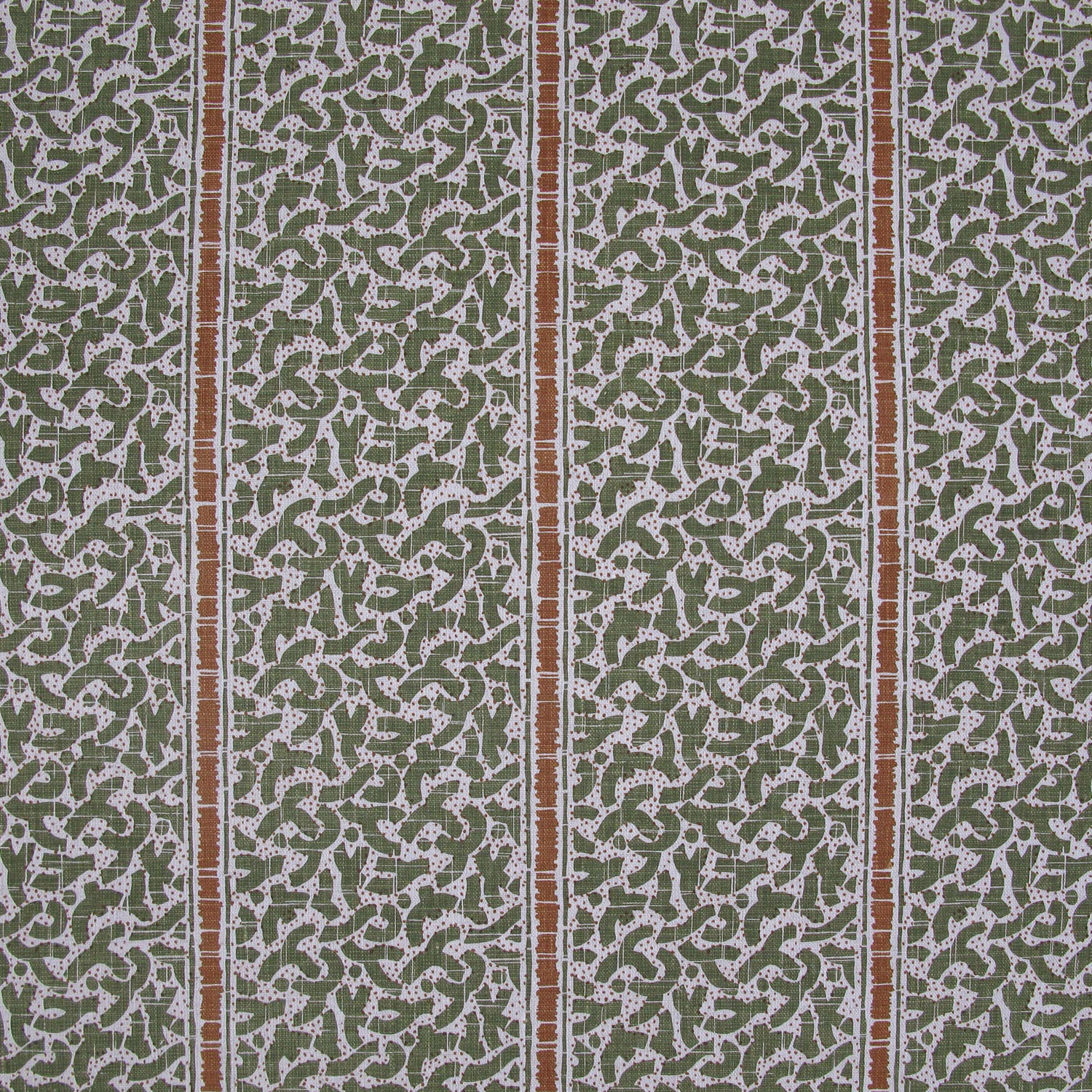 Printed fabric detail in a geometric rhythmic stripe in sage green with a bronze accent.