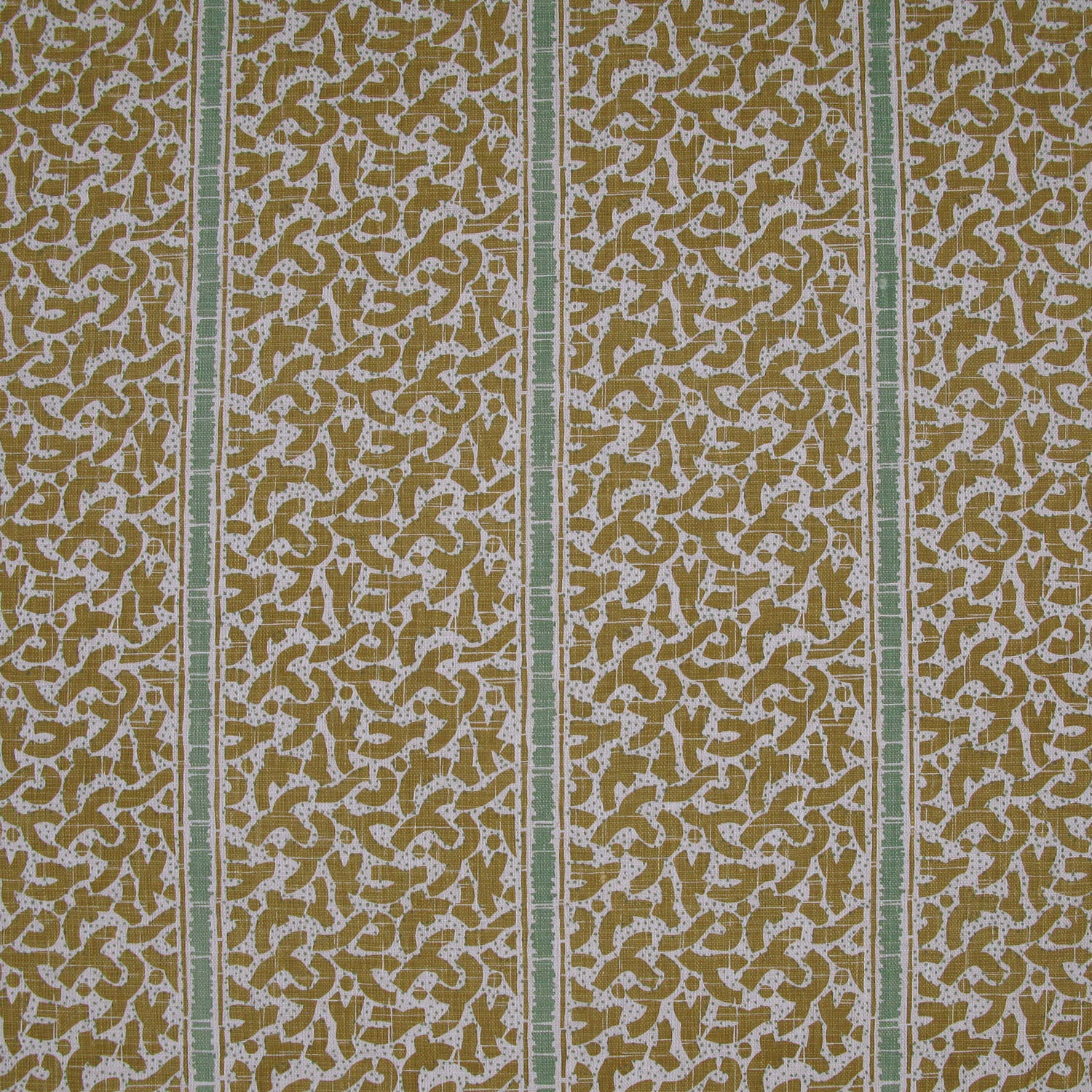 Printed fabric detail in a geometric rhythmic stripe in ochre yellow with a light green accent. 