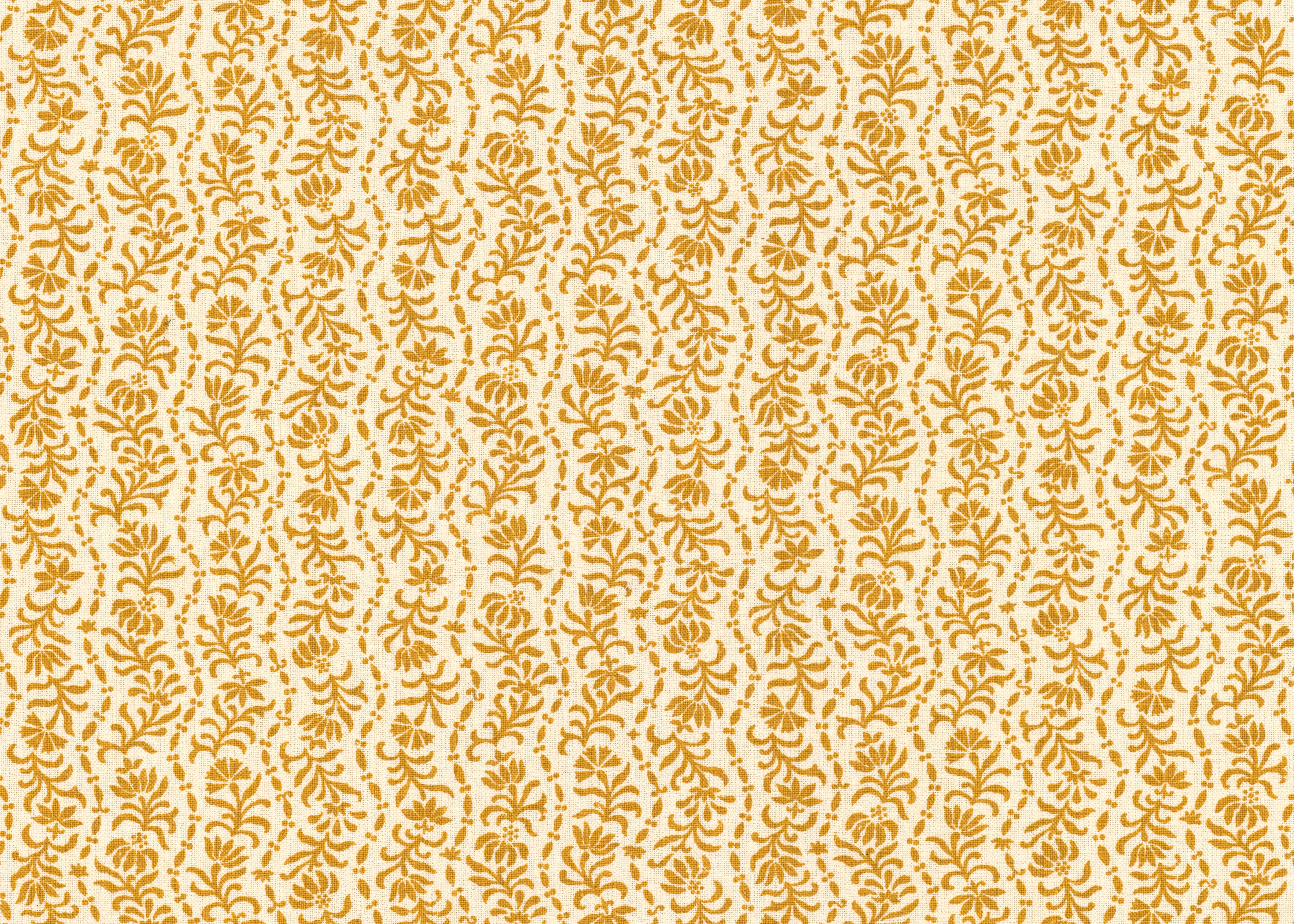 Printed linen in a wavy floral stripe design in yellow on cream.