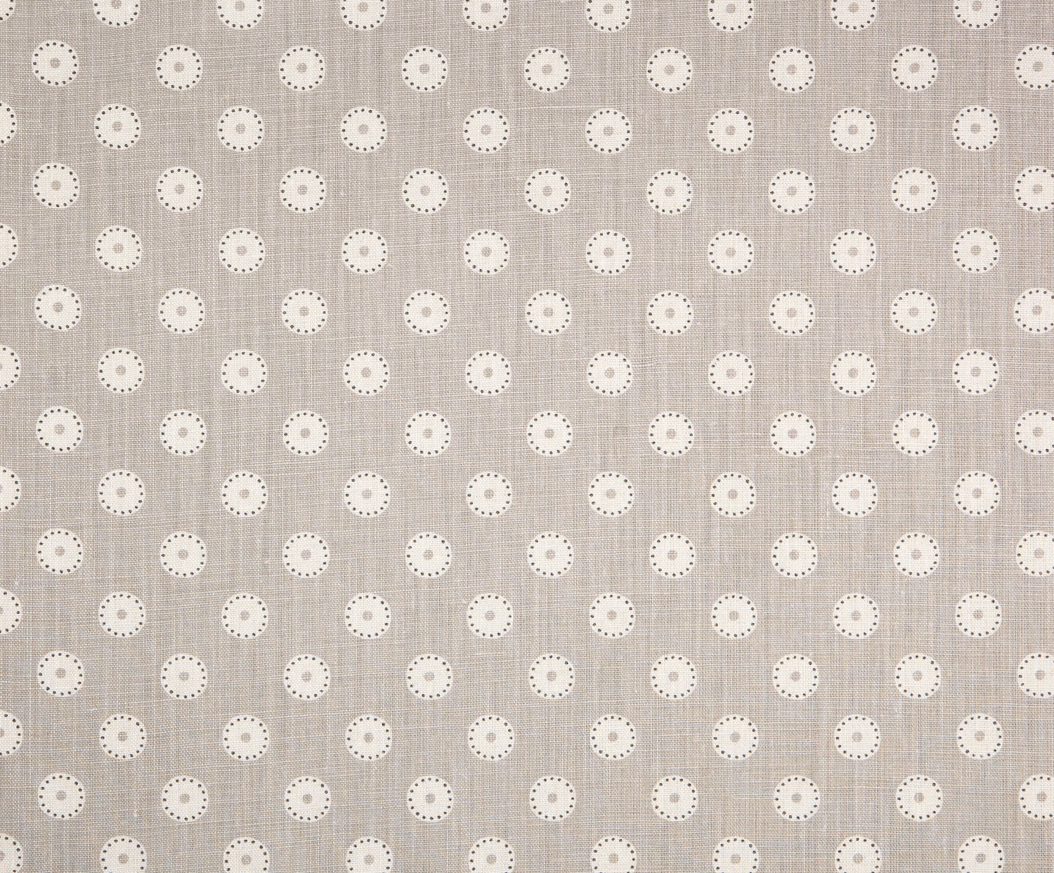 Detail of fabric in a playful dot print in gray and white on a gray field.