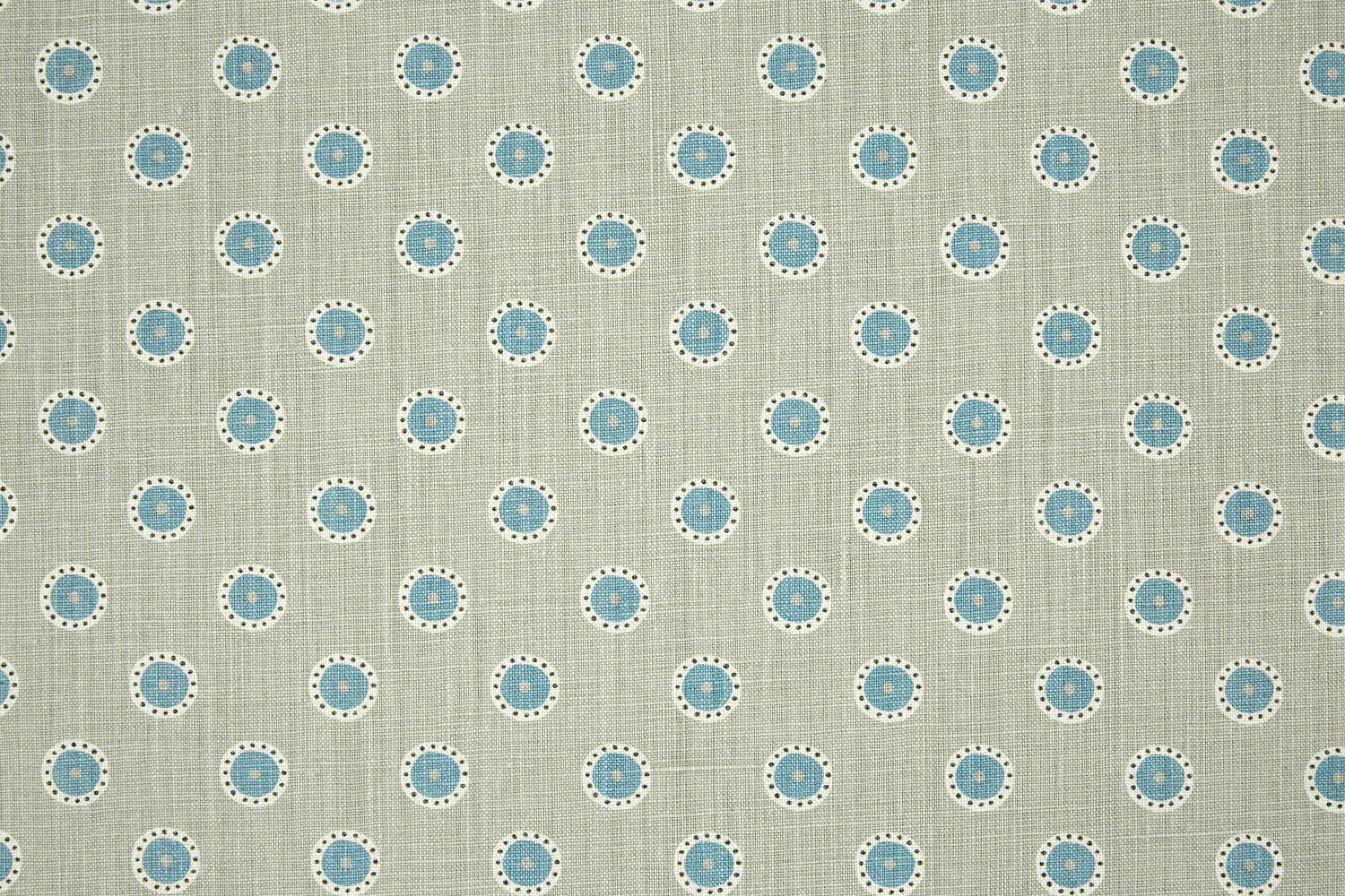 Detail of fabric in a playful dot print in blue and white on a gray field.