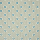 Detail of fabric in a playful dot print in blue and white on a gray field.