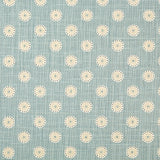 Detail of fabric in a playful dot print in white, gray and tan on a blue field.