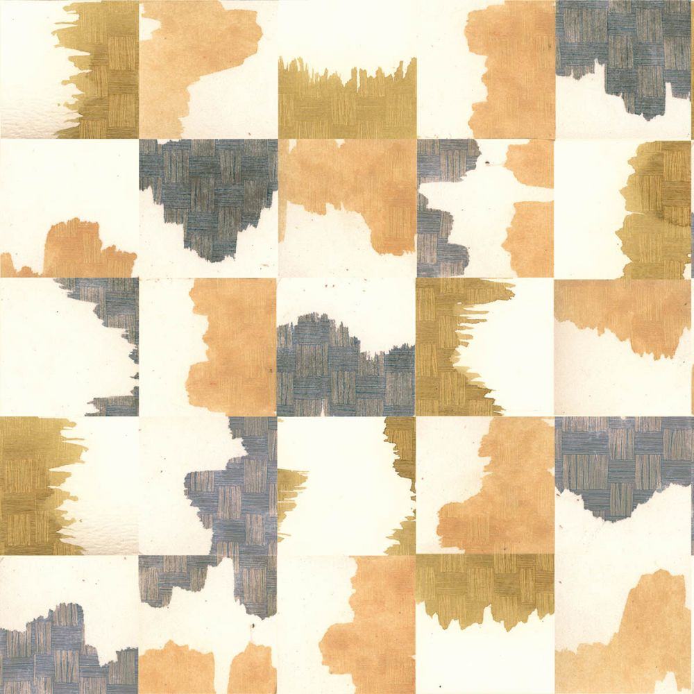 Detail of wallpaper in an abstract block print in shades of tan and gray on a cream field.