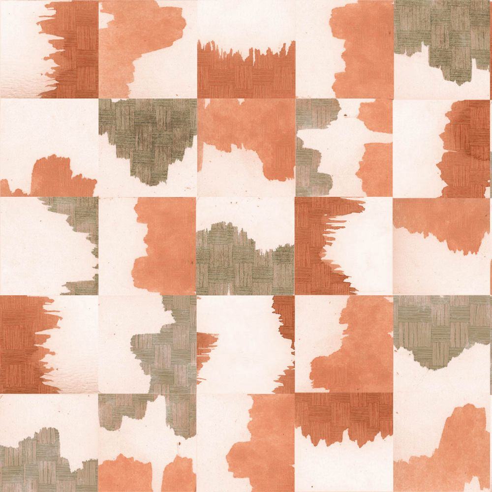 Detail of wallpaper in an abstract block print in shades of red and brown on a cream field.