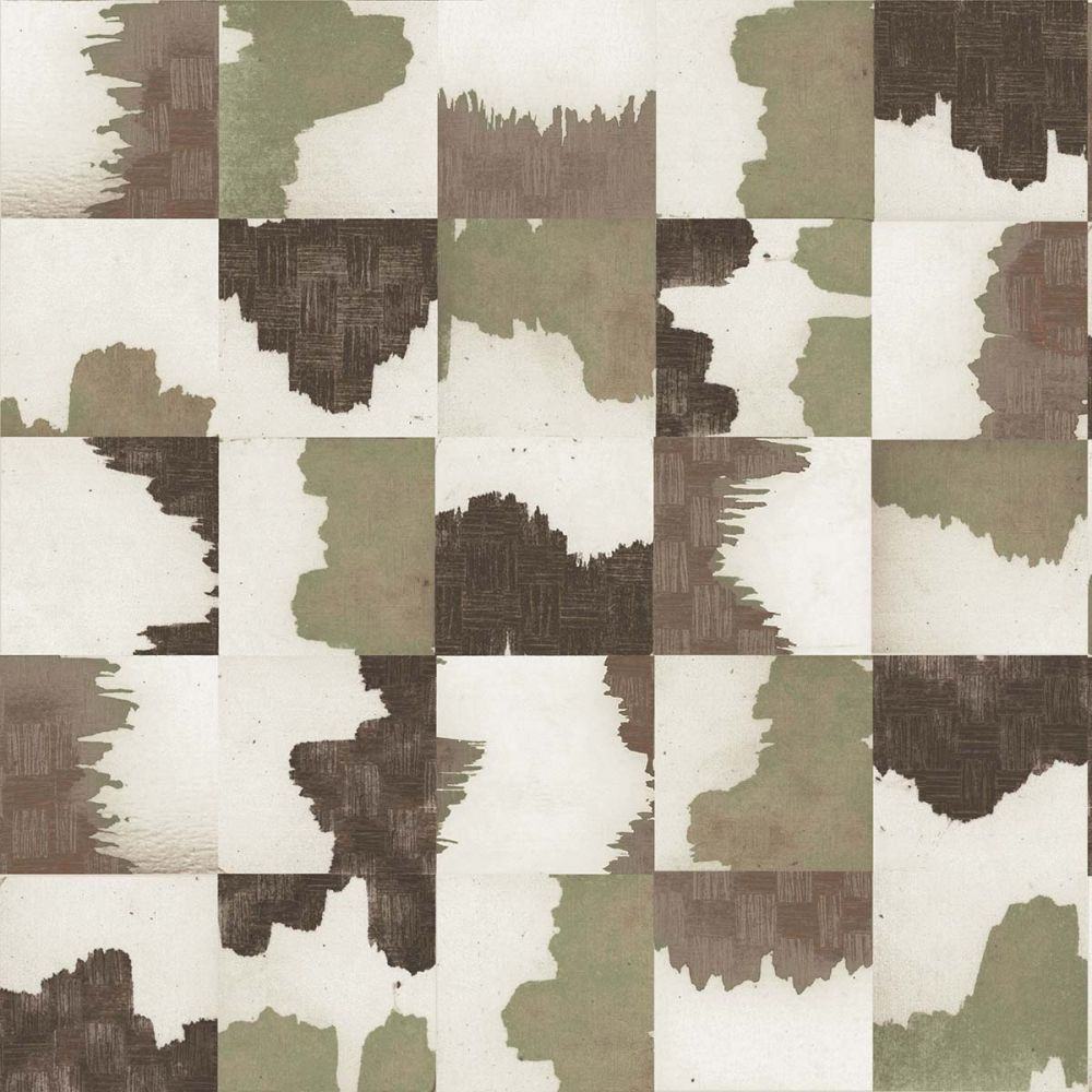 Detail of wallpaper in an abstract block print in shades of green and brown on a cream field.