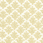 Detail of fabric in a repeating damask print in tan and cream on a white field.