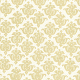 Detail of fabric in a repeating damask print in tan and cream on a white field.