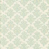 Detail of wallpaper in a repeating damask print in light blue and tan on a cream field.