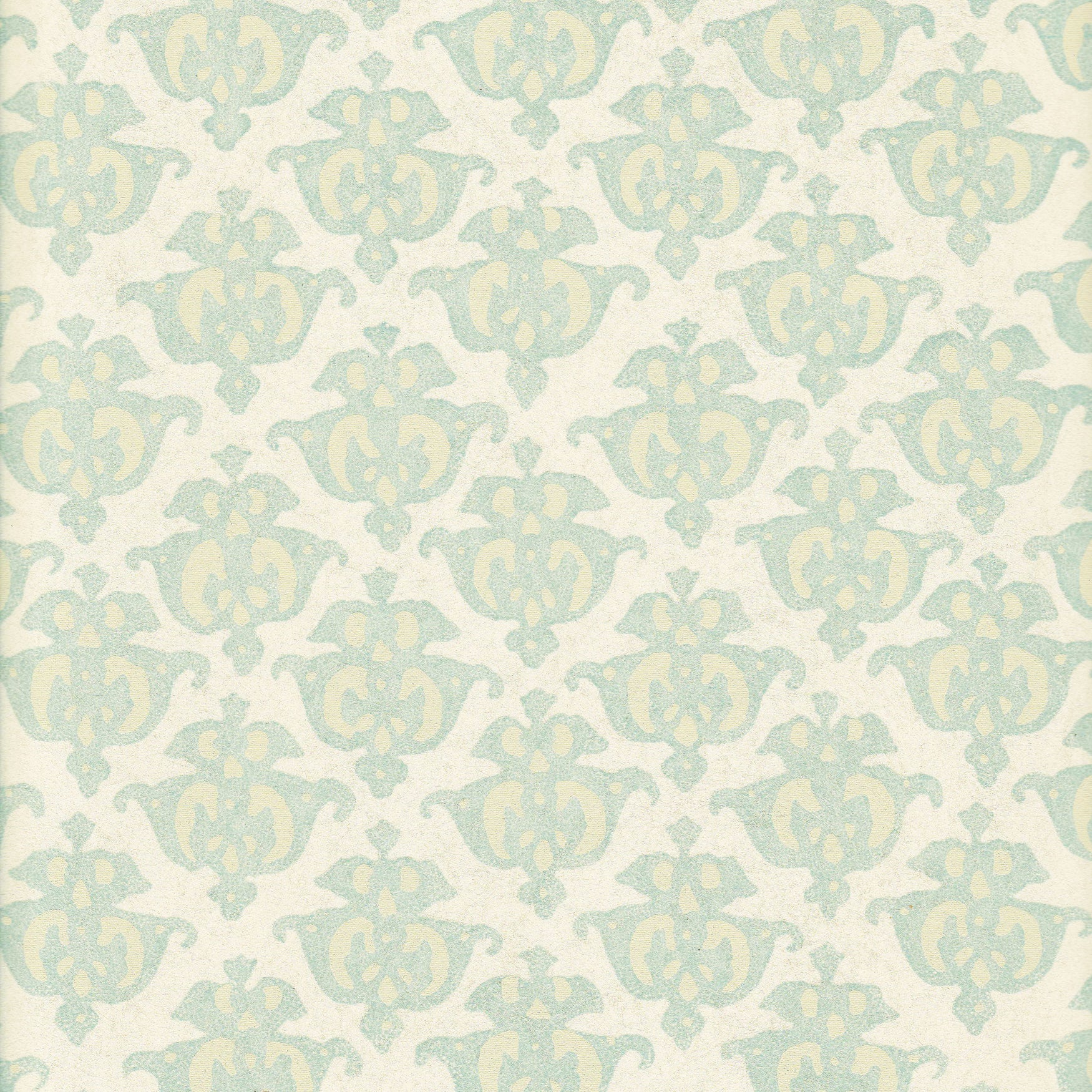 Detail of wallpaper in a repeating damask print in light blue and tan on a cream field.