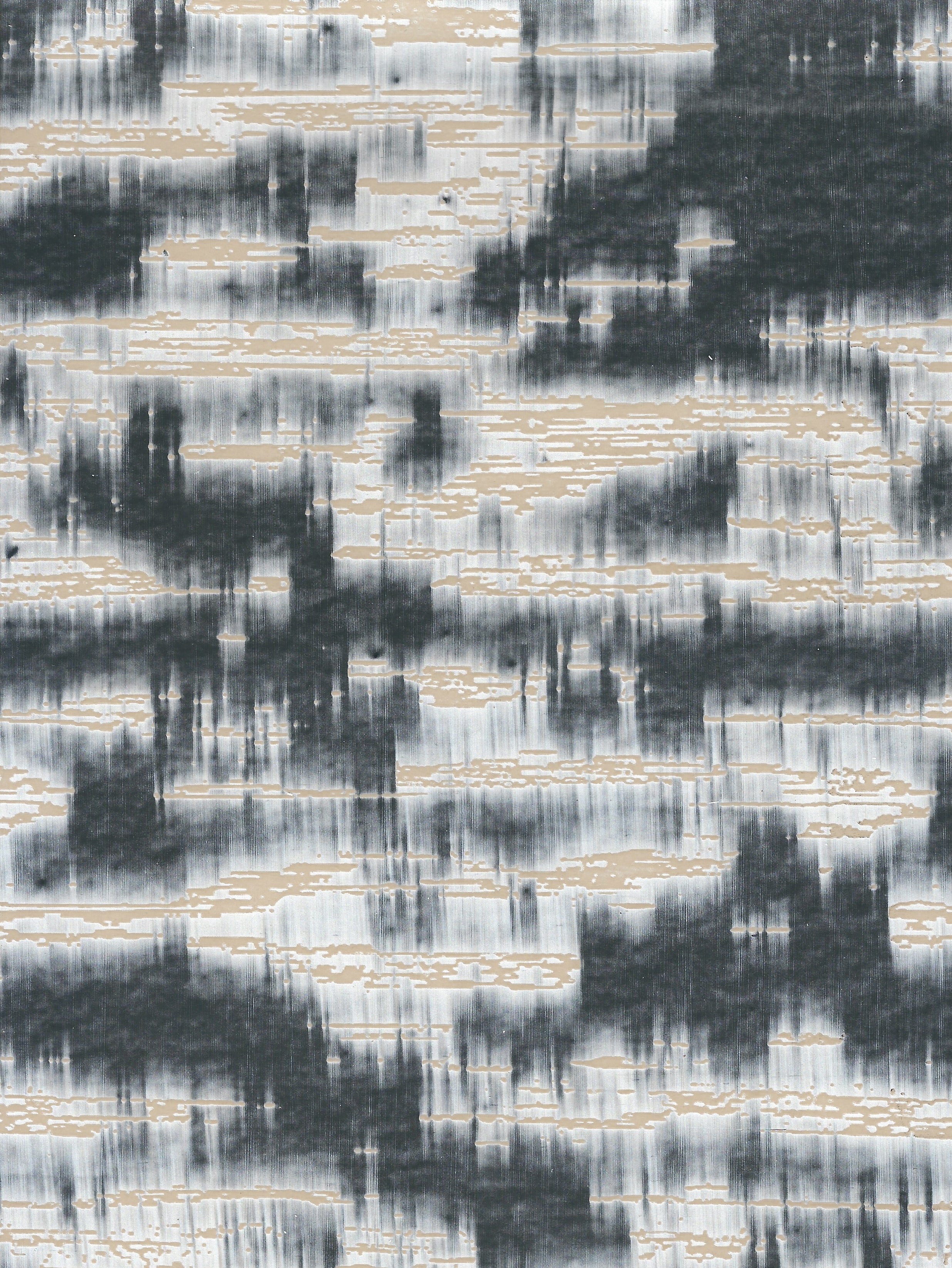 Detail of wallpaper in an abstract textural pattern in black, white and tan.