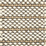 Close-up of a woven striped rug with beige and white colors.