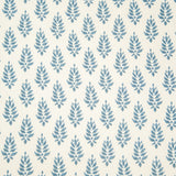 Detail of fabric in a repeating leaf pattern in blue on a cream field.