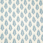 Detail of wallpaper in a repeating leaf pattern in blue on a cream field.